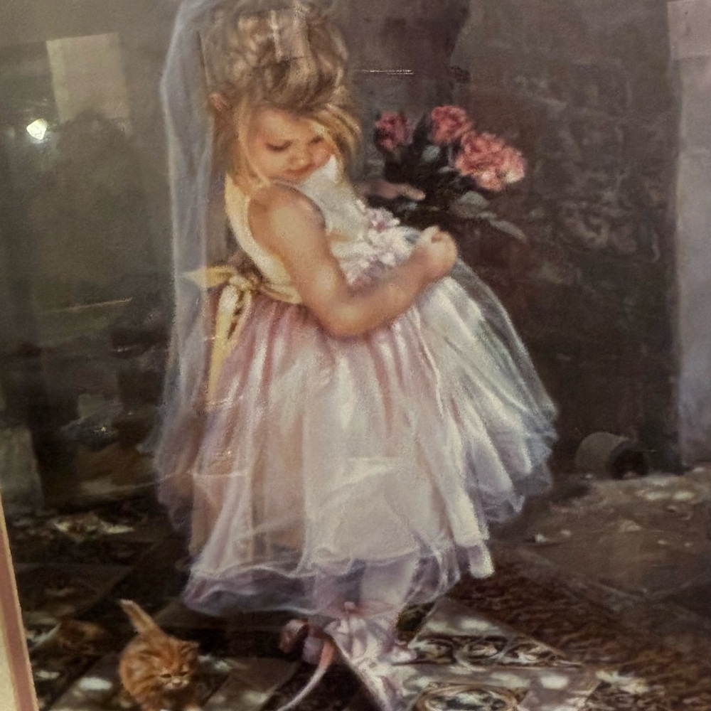 Adorable vintage little girl and kitty framed signed painting from Sandra Kuck - Picture 2 of 6